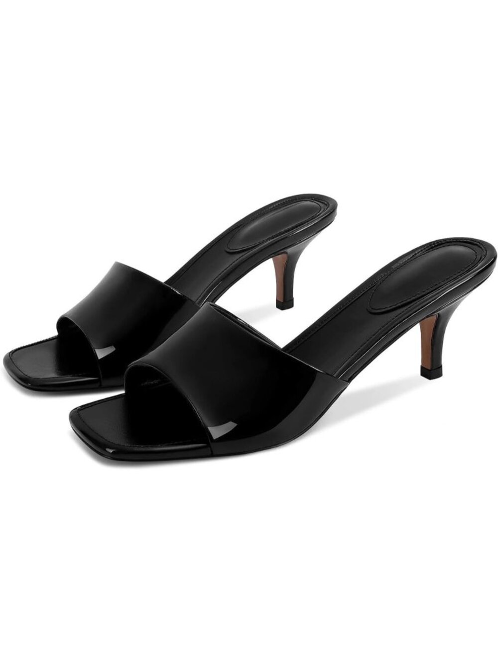 Women Black Patent Leather Square-Toe Buckle Accent Kitten Stiletto Heel Sandal